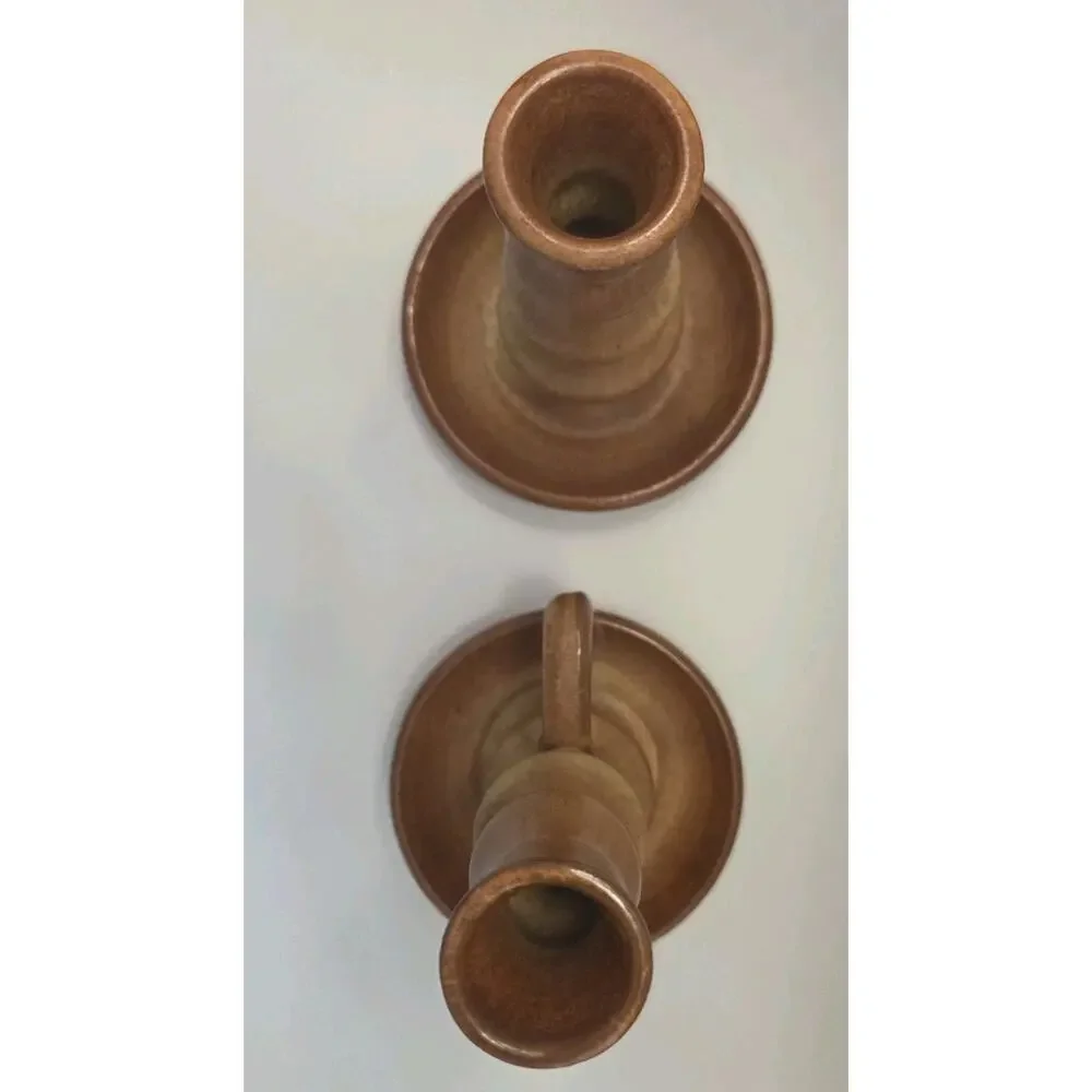 Vintage Studio Pottery Chamberstick Candle Holders Pair Brown Glazed Stoneware